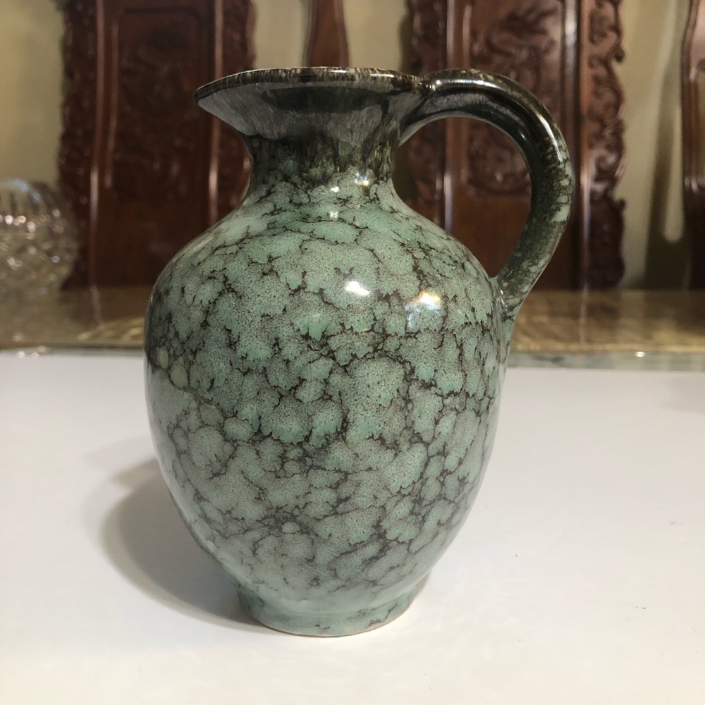 VINTAGE POTTERY ART CERAMIC PITCHER VASE GLAZED GREEN Brown Marbled.  Germany